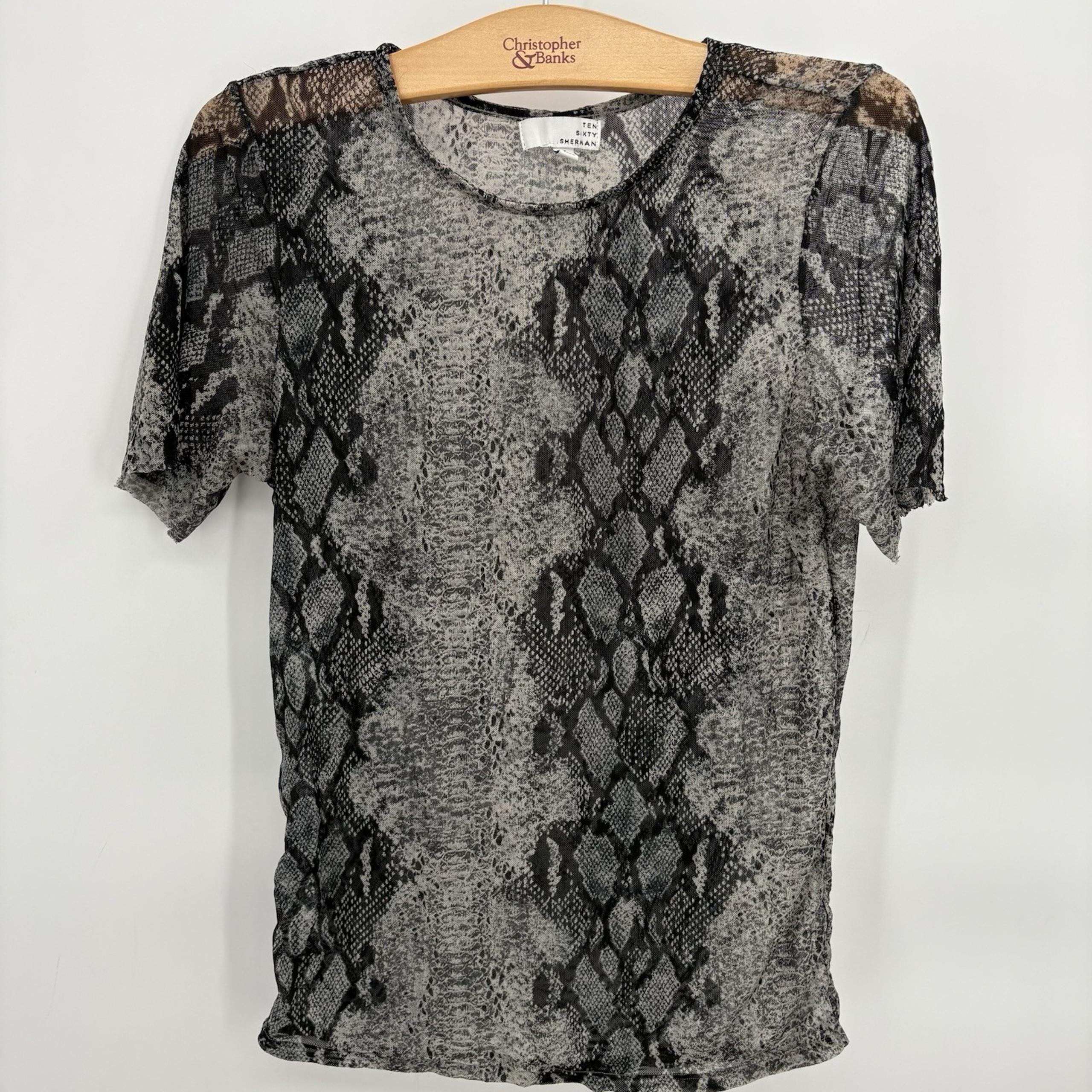 TEN SIXTY SHERMAN Mesh Top Black Animal Snake Print Sheer T Shirt Size XL