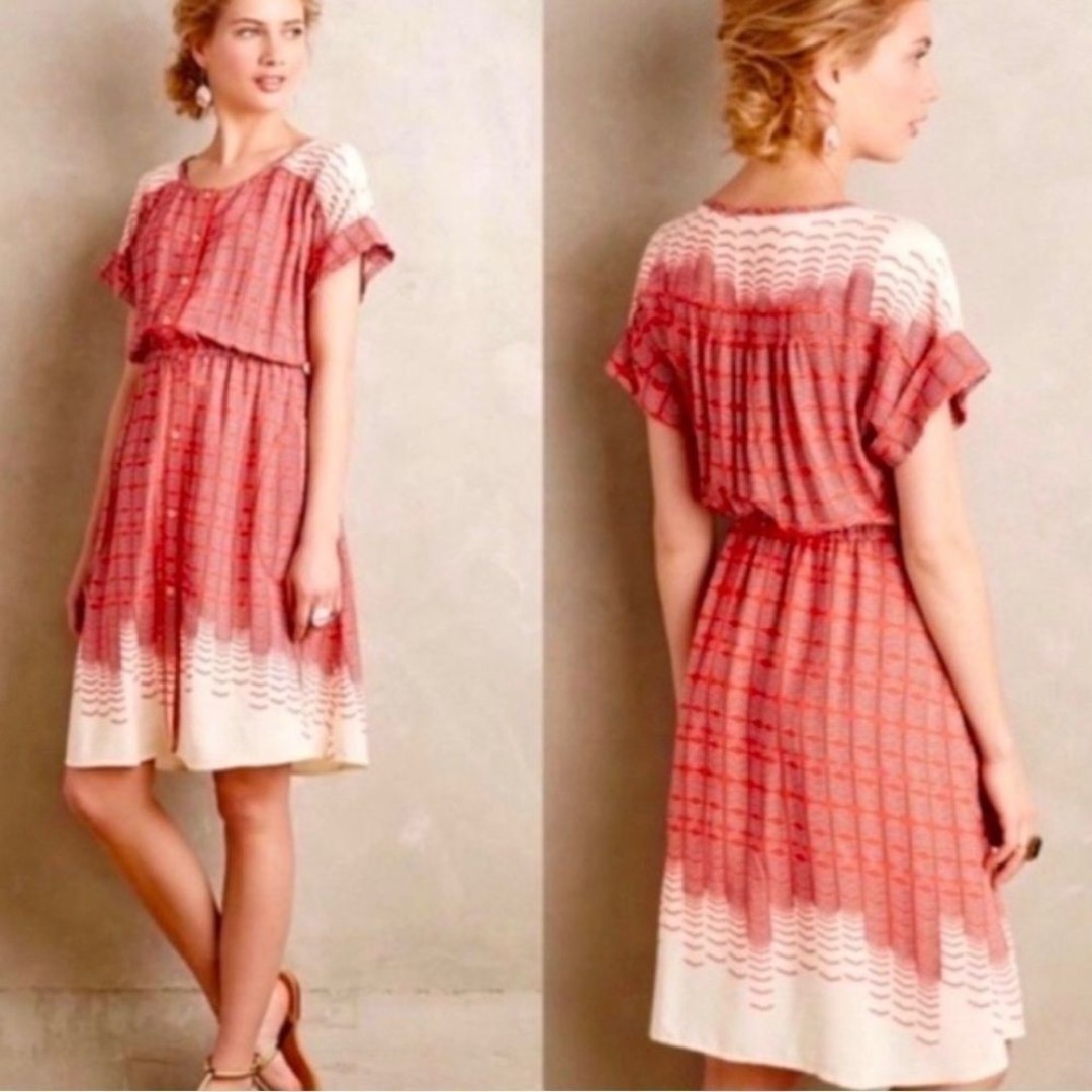 MAEVE Dress Women Size XS Veronia Short Sleeve Red Cream Print Button Down