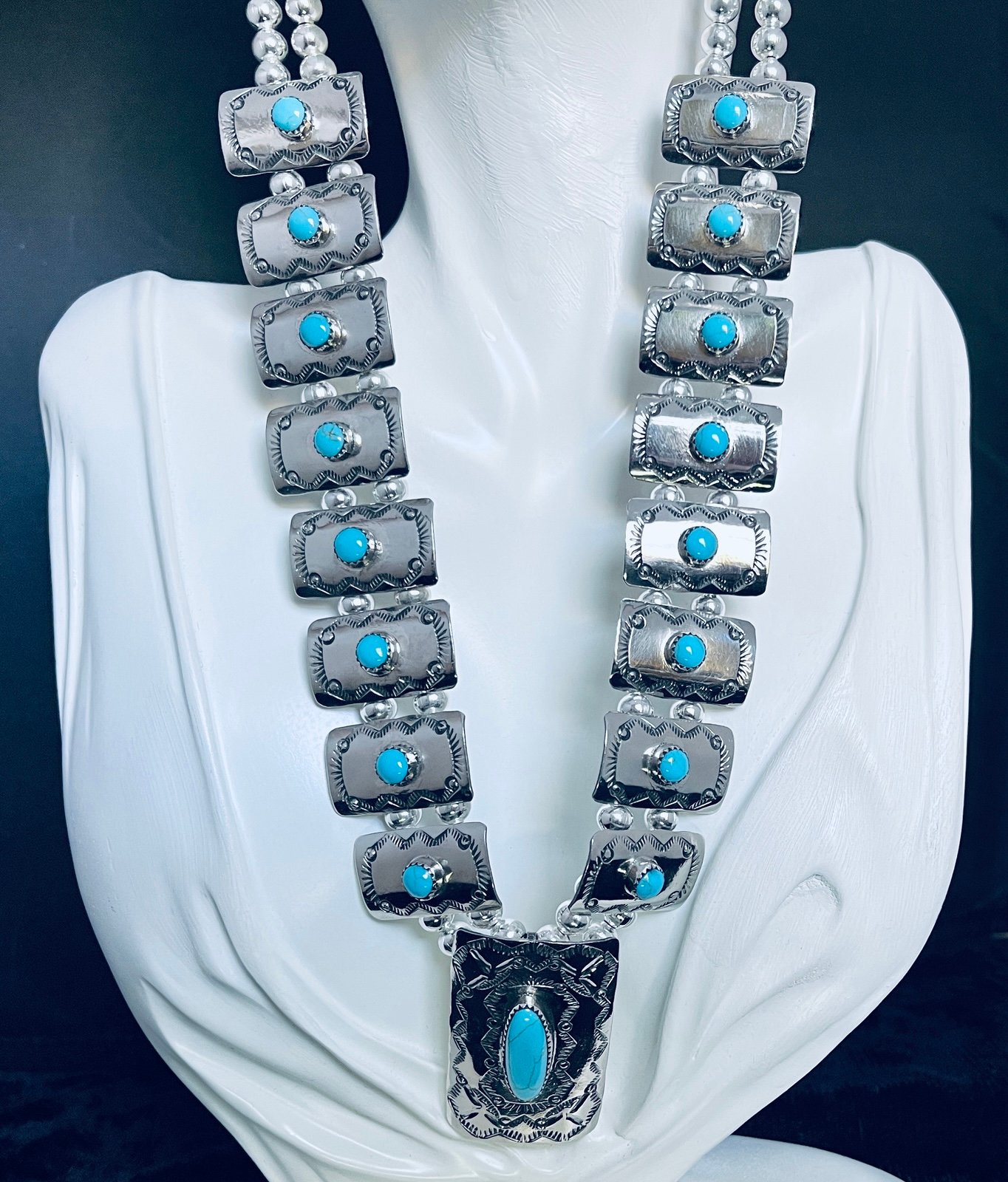 Navajo Turquoise Squash Blossom Necklace #353 signed