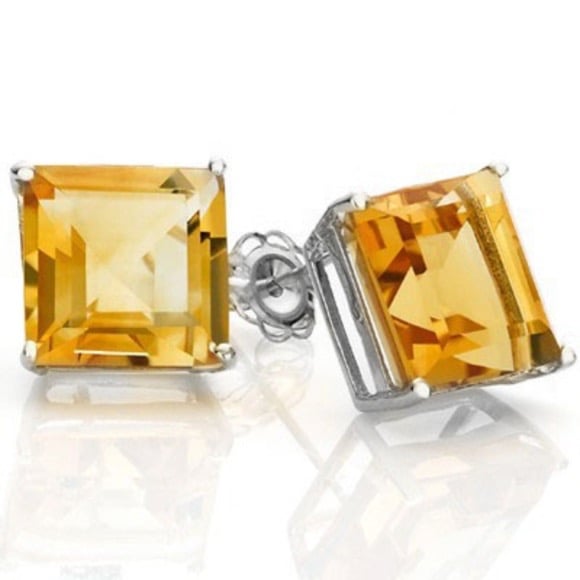 Stud Earrings Yellow Emerald Cut Citrine Gemstone 1.410 ct White Gold Posts 14kt