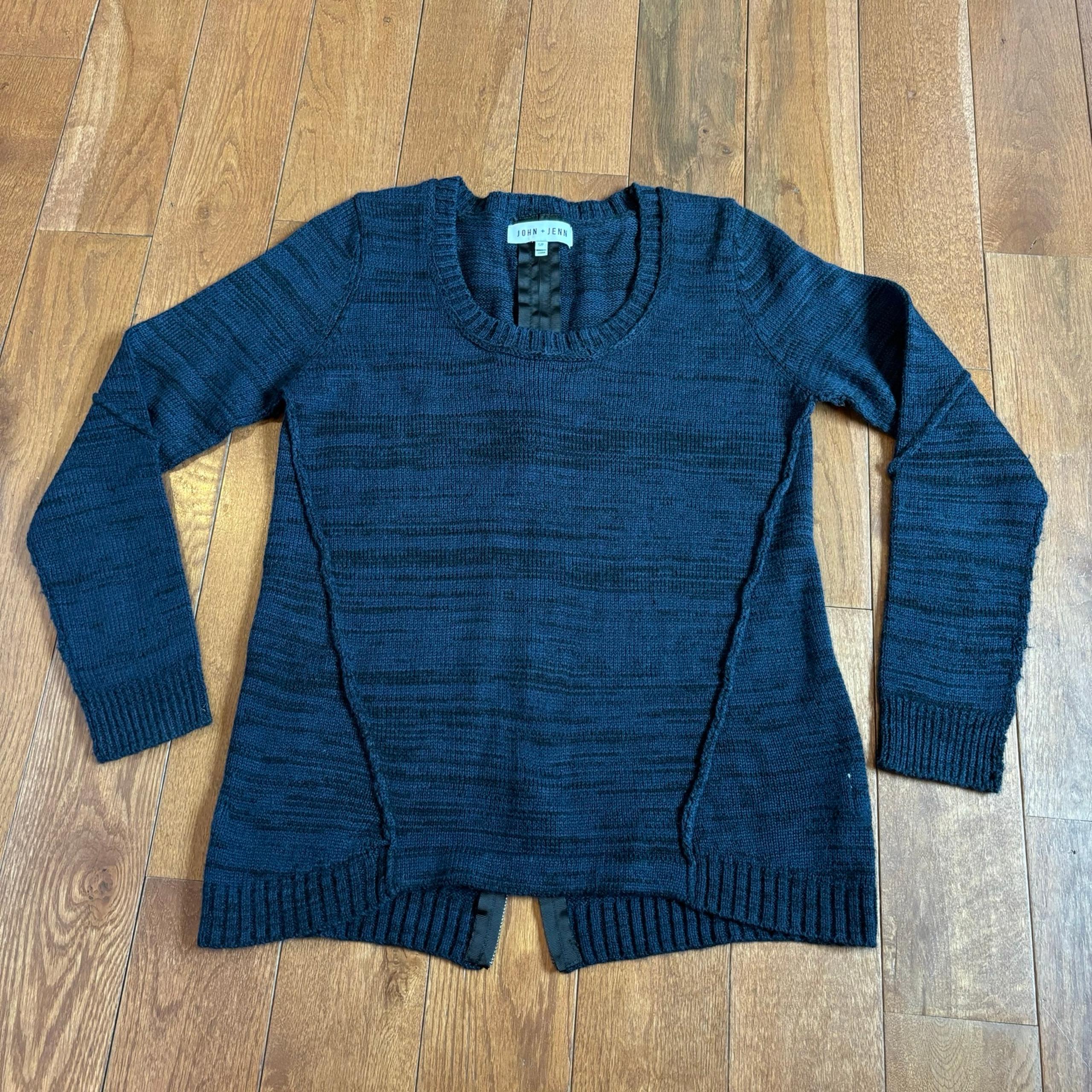 Womens John + Jenn Crewneck Sweater Navy Blue Zipper on Back 100% Acrylic sz S