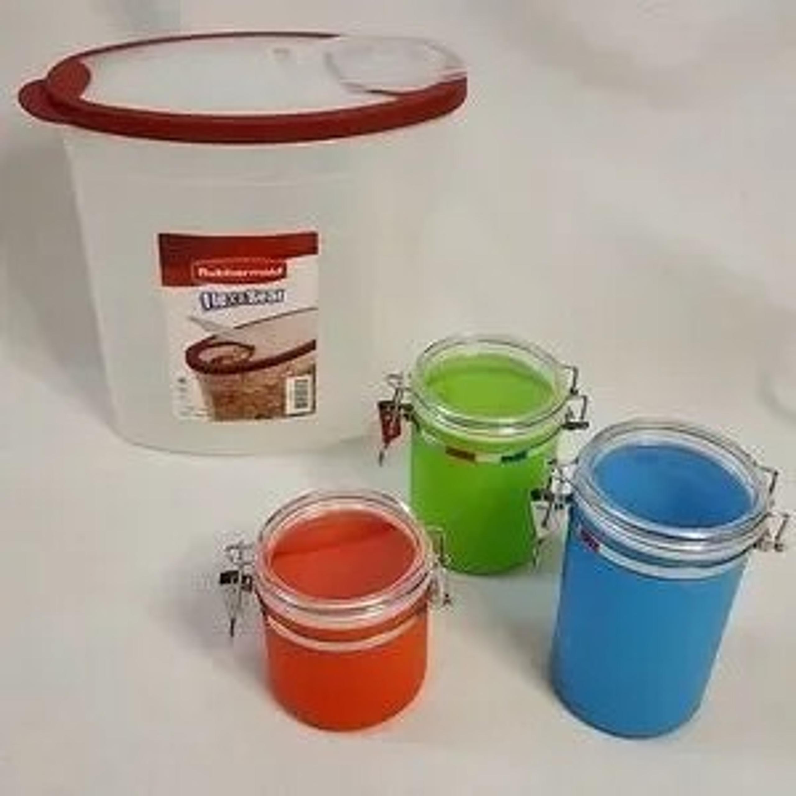 3 piece Multi Colored Canisters by Avon with Rubbermaid Storage Pitcher