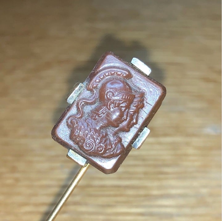 Victorian Carved Lava Rock Stick Pin w/ 2 Faces Golden Colored Mounting JP15