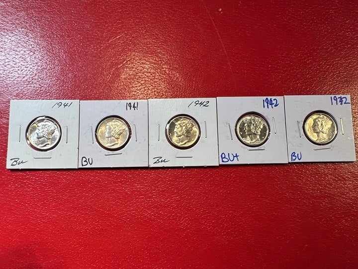 Group of Five Uncirculated Mercury Dimes