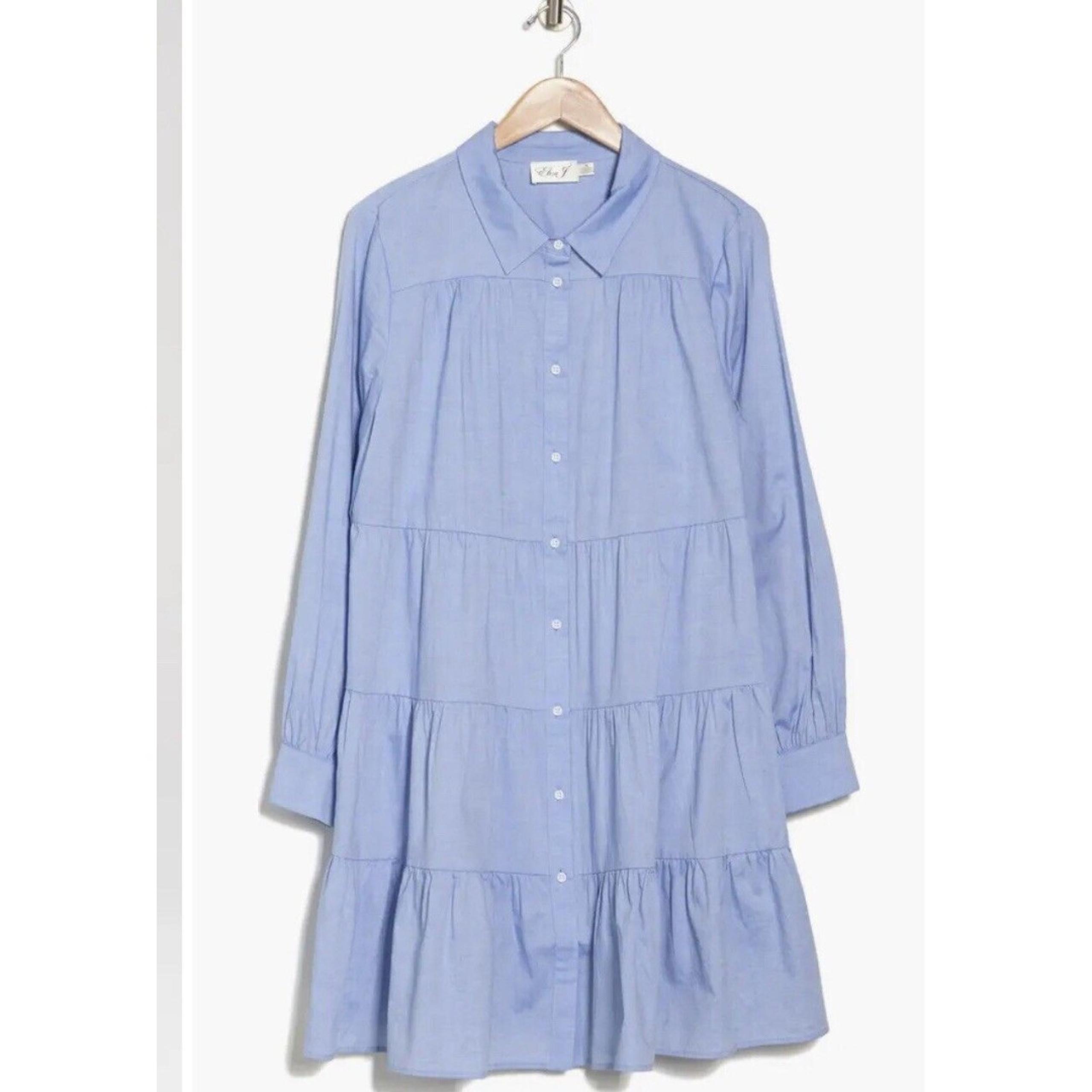 Eliza J Dress Women Size 12 Petite Blue Ruffle Tiered Long Sleeve Preppy Coastal