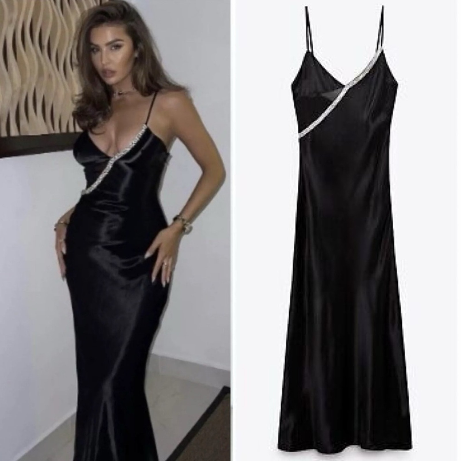 Zara Bloggers Fav Black Satin Effect Rhinestone V-Neck Maxi Sleeveless Sz EUR L