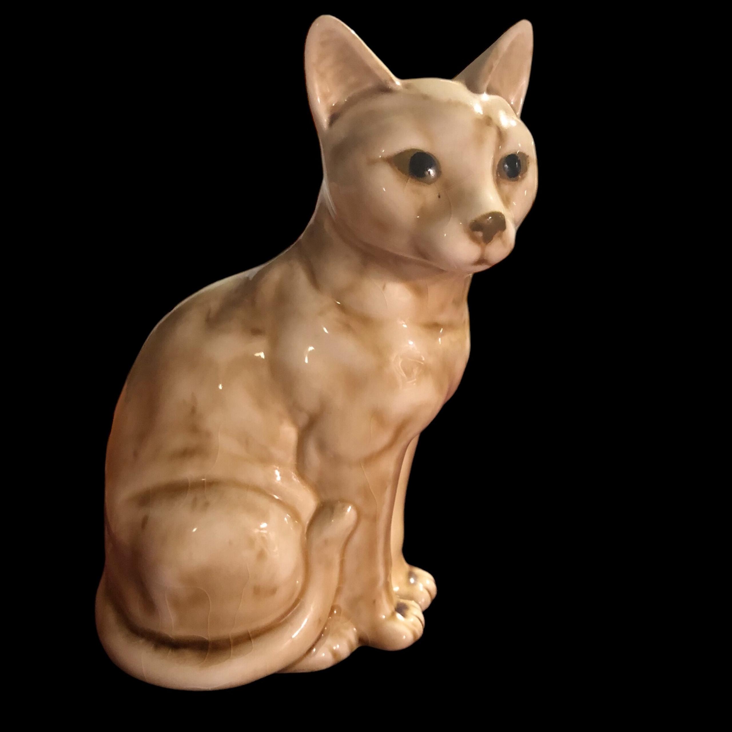 Vintage Cat, Ceramic Kitty Cat, Beige & Brown, 1970s-80s, 6”x4 1/2”