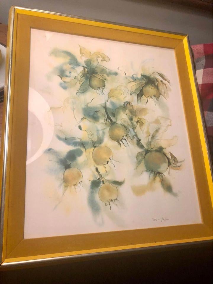 Framed Vintage Pomegranate Art Velvet Frame Floral Vintage Art Gold 1970s 1960s