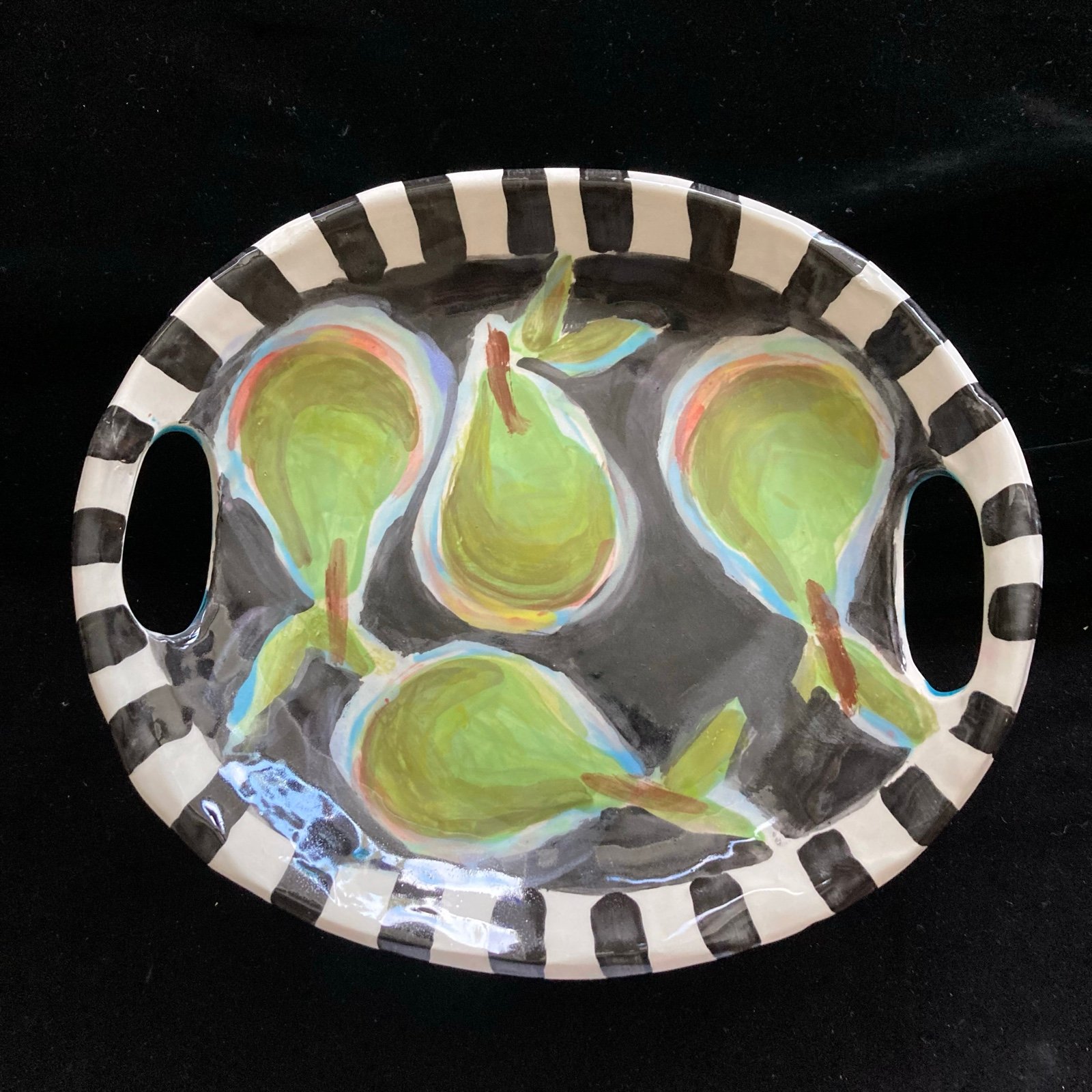 Handmade Ceramic Serving Tray w/ Handles Pears On Black Design 11”x9.5”