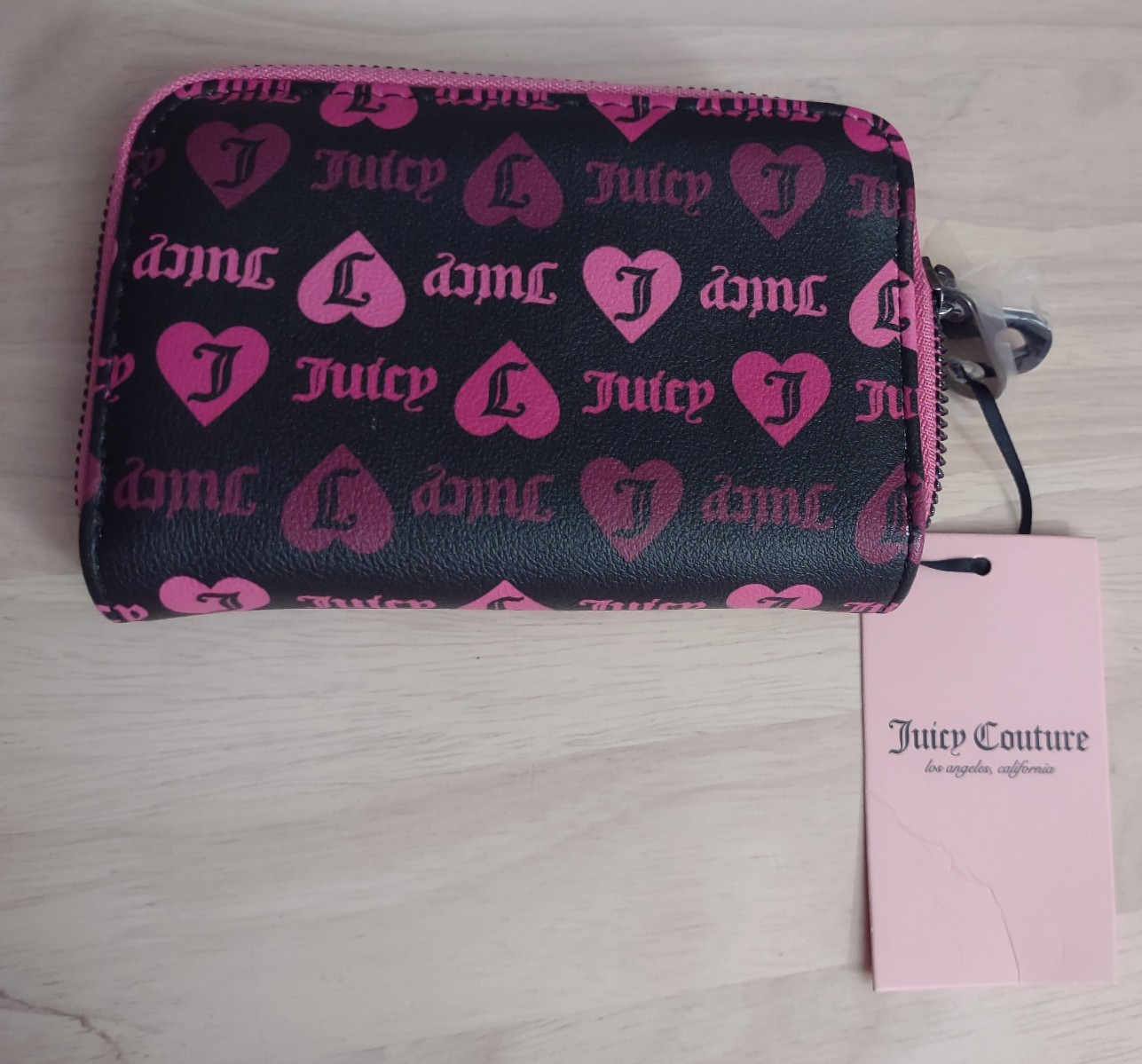 Juicy Couture Heart Black Pink Logo Print Zip Around Wallet Y2K Bling Barbiecore