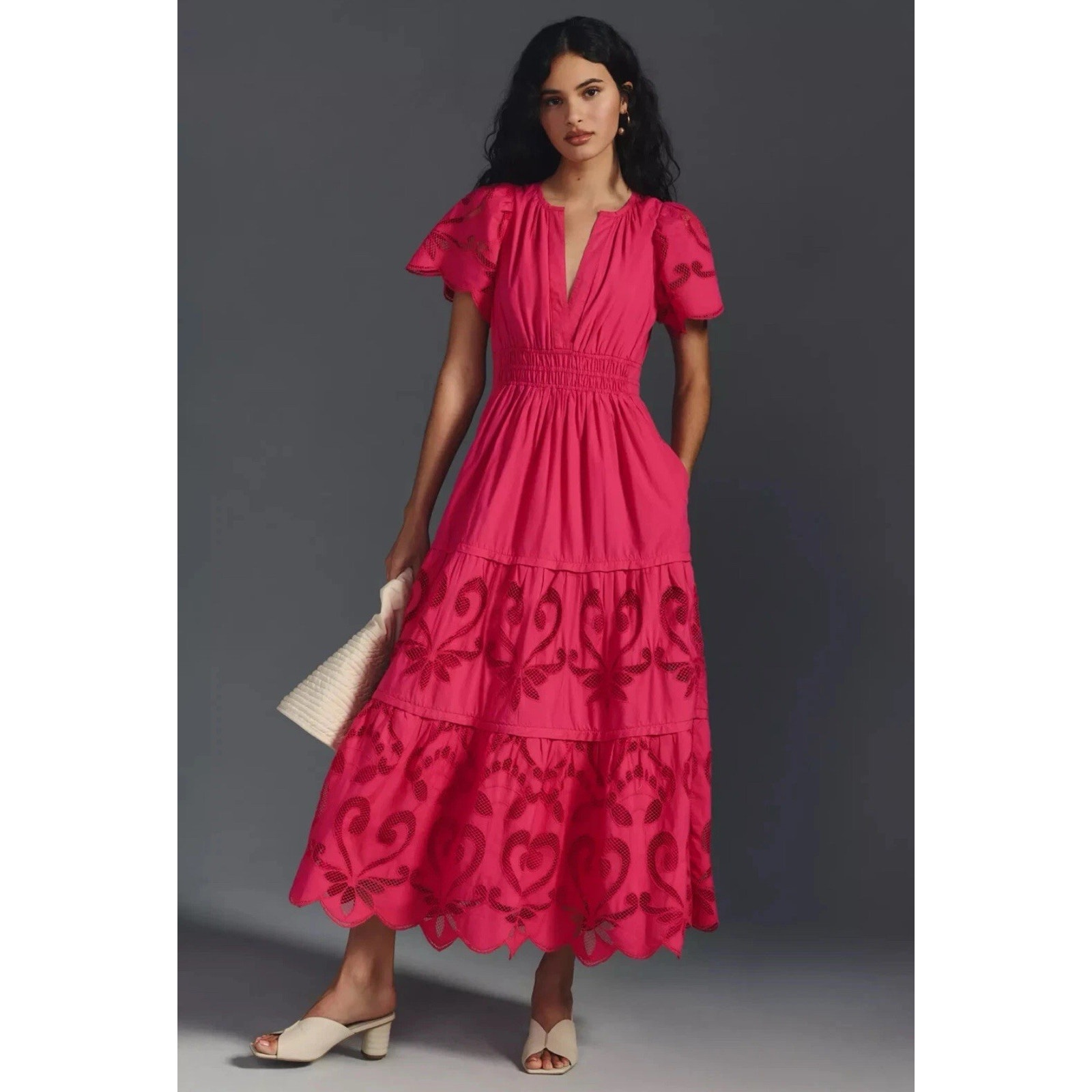 Anthropologie Somerset 3XL Maxi Dress Pink Crochet Cutwork Edition Pockets EUC