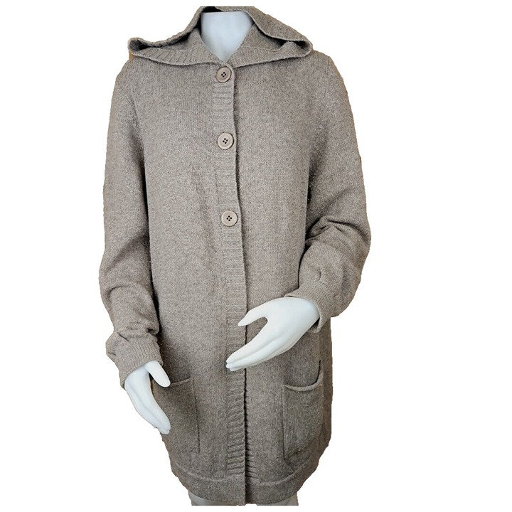 Repeat Cashmere Blend Sweater Coat Womens L 42 Beige Hooded Cardigan Pockets