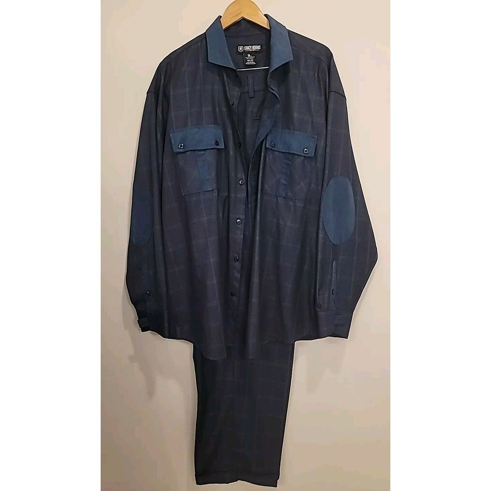 Stacy Adams Men's 2 Piece Set 3XL Longsleeve Top Pants 44x34 Blue Plaid Suede*