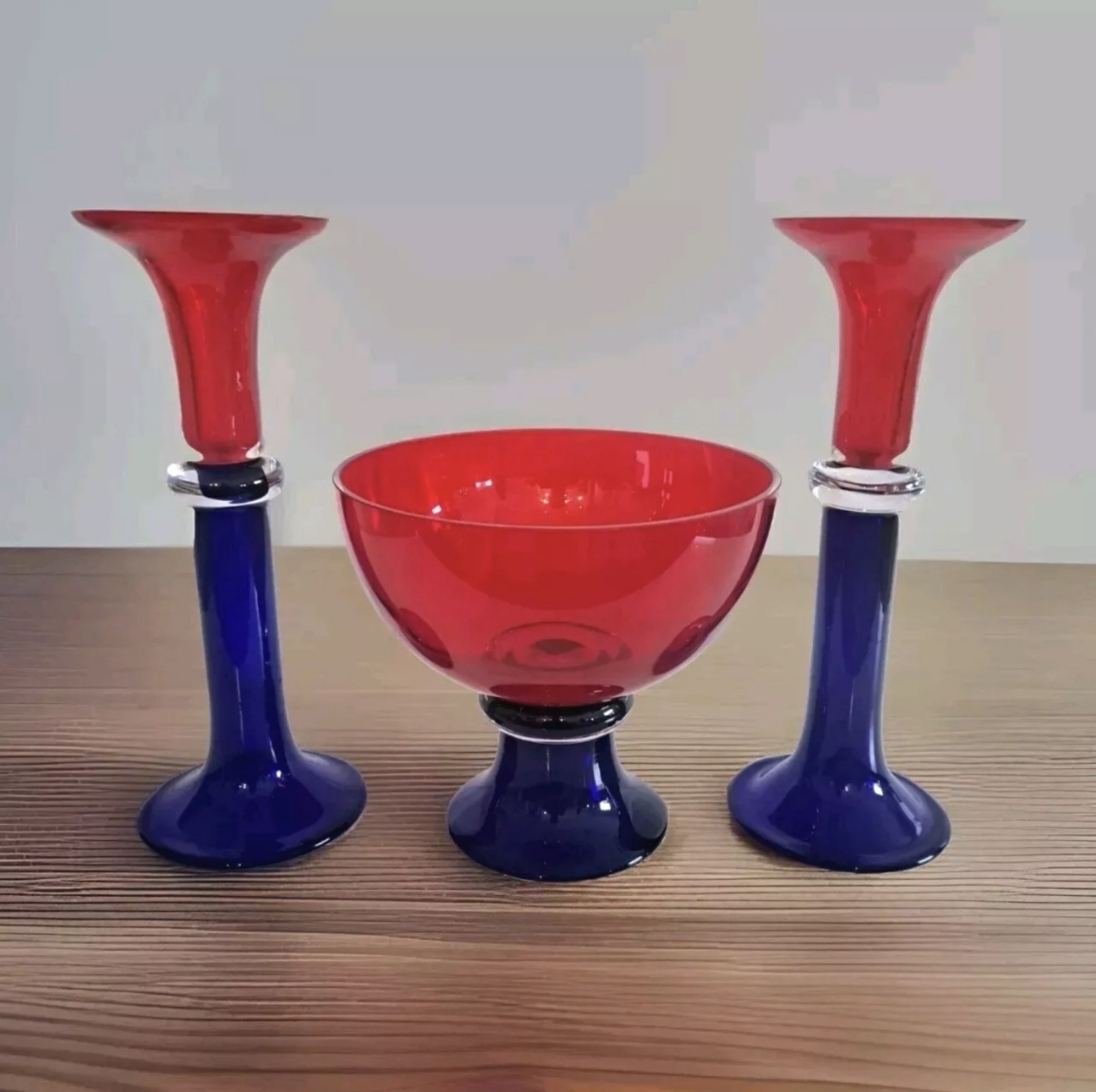Vintage Art Deco Glass Compote Pedestal Bowl And 2 Candle Holder Made In Poland