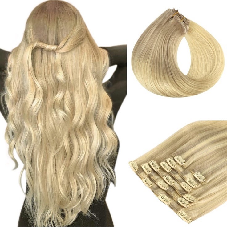HUMAN HAIR 18 Clip in Remy Extensions Ash Blonde to Golden Blonde & Platinum
