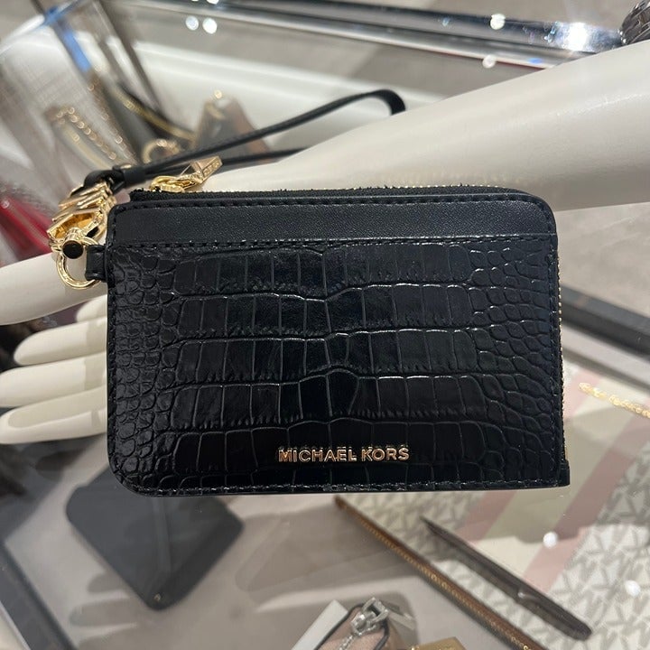 Small Crocodile Embossed Leather Zip Card Case