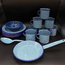 Blue Speckled Graniteware Enamelware Camping Bowls Cups Plates Pan LOT 20