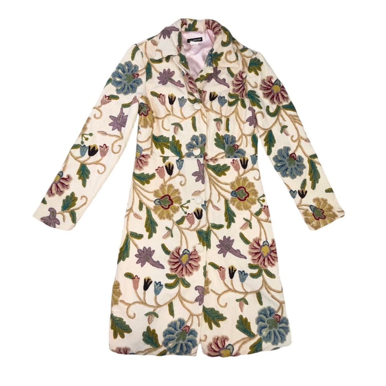 Rare Lena Medoyeff Cream Embroidered Wool Coat Boho Folk Art Sz S