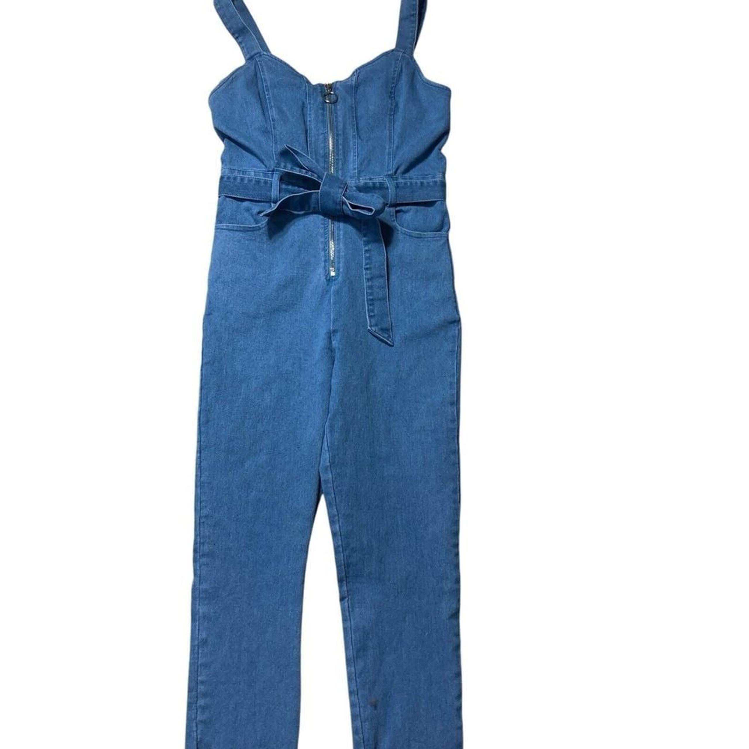 Iris Denim Jean Stretch Slim Overall Jumpsuit M adjustable straps belt front zip