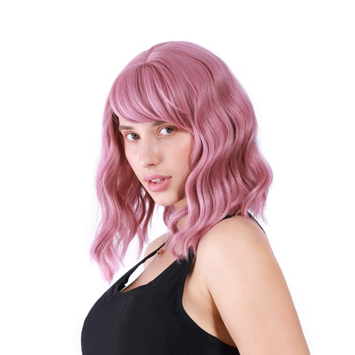 Pastel Wavy Wig With Air Bangs Women's Short Bob Purple Pink Wigs Curly