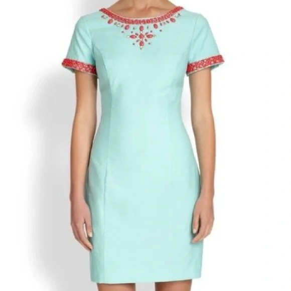 Lilly Pulitzer Nora Beaded Sheath Dress Short Sleeve Teal Bohemian Embellished