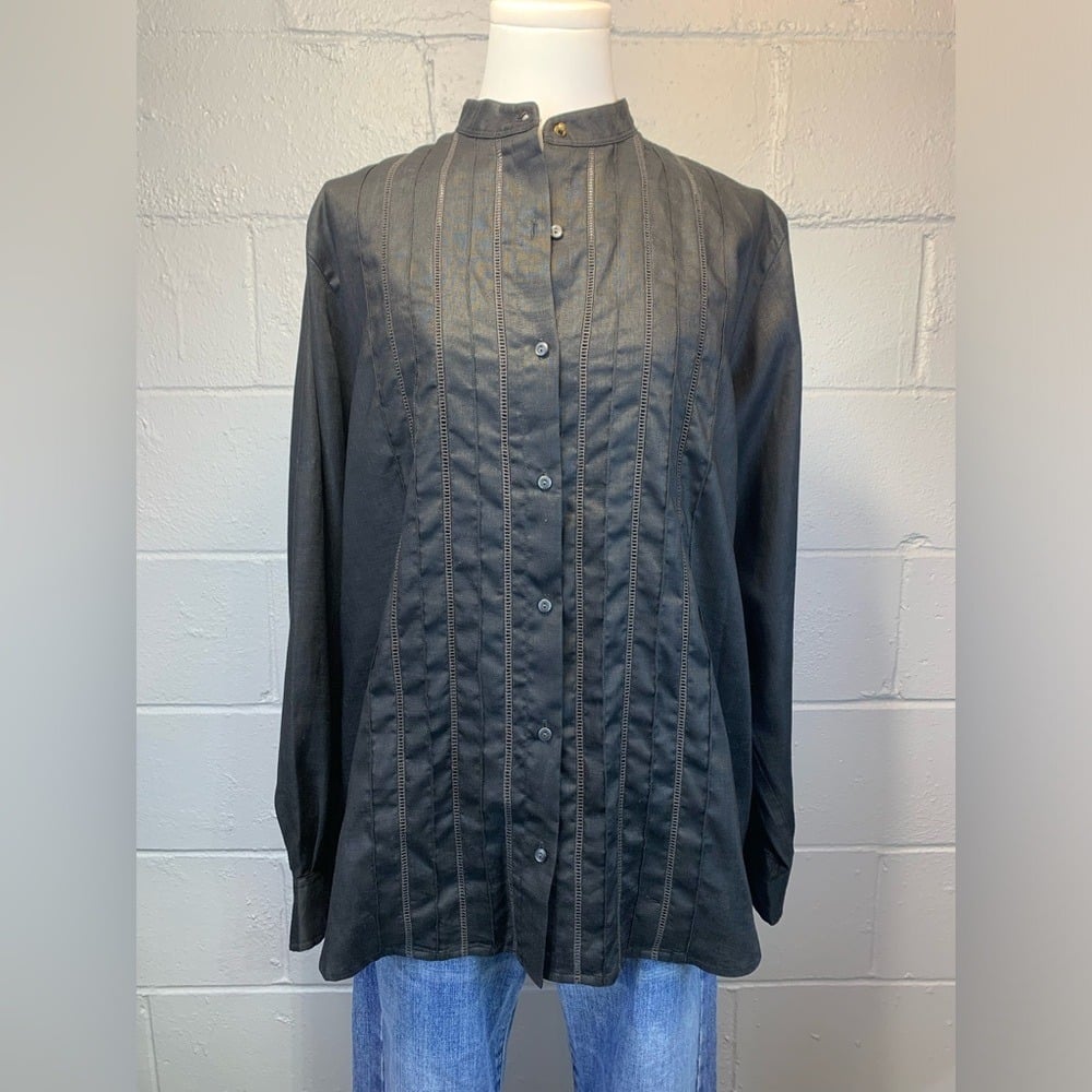 Lauren Ralph Lauren 100% Linen Black Button Down Long Sleeve Shirt Women's L