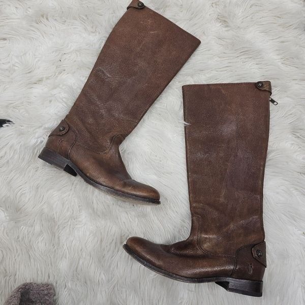 FRYE Melissa Button Back Zip Genuine Leather Long Brown Boots Cognac size 6