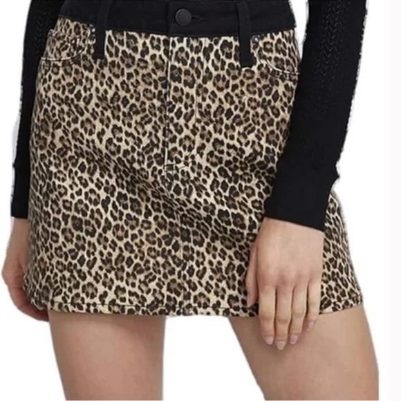 NWT Alice + Olivia Leopard Print Denim Mini Skirt Queen of the Night Sz 32