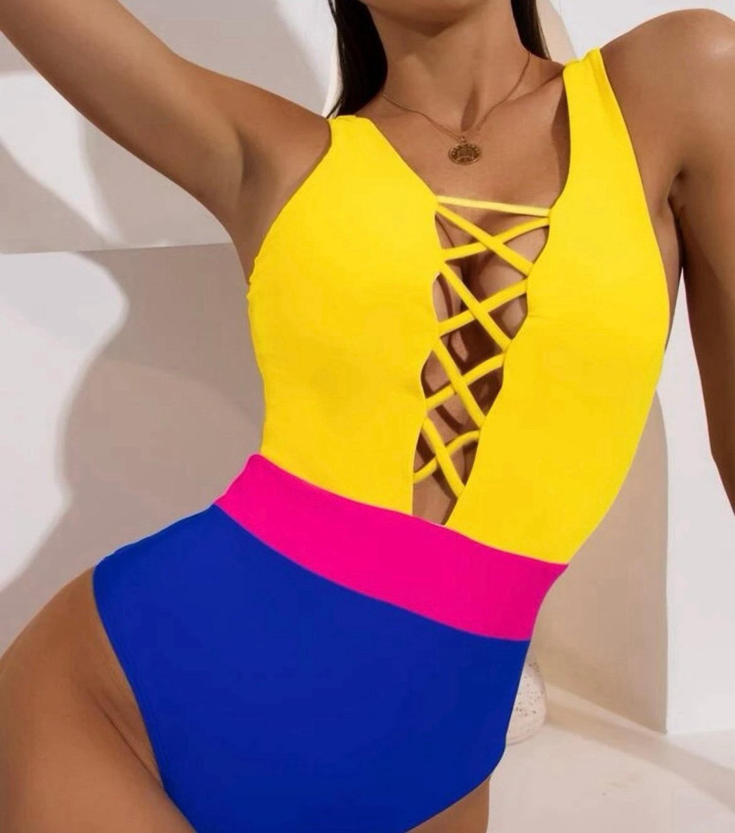 SHEIN Colorblock Lace-Up One-Piece Swimsuit - Yellow, Pink, Blue Cutout Monokini
