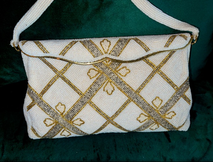 Vintage 1930's Cream Bronze & Pewter Beaded Evening Bag made in Belgium