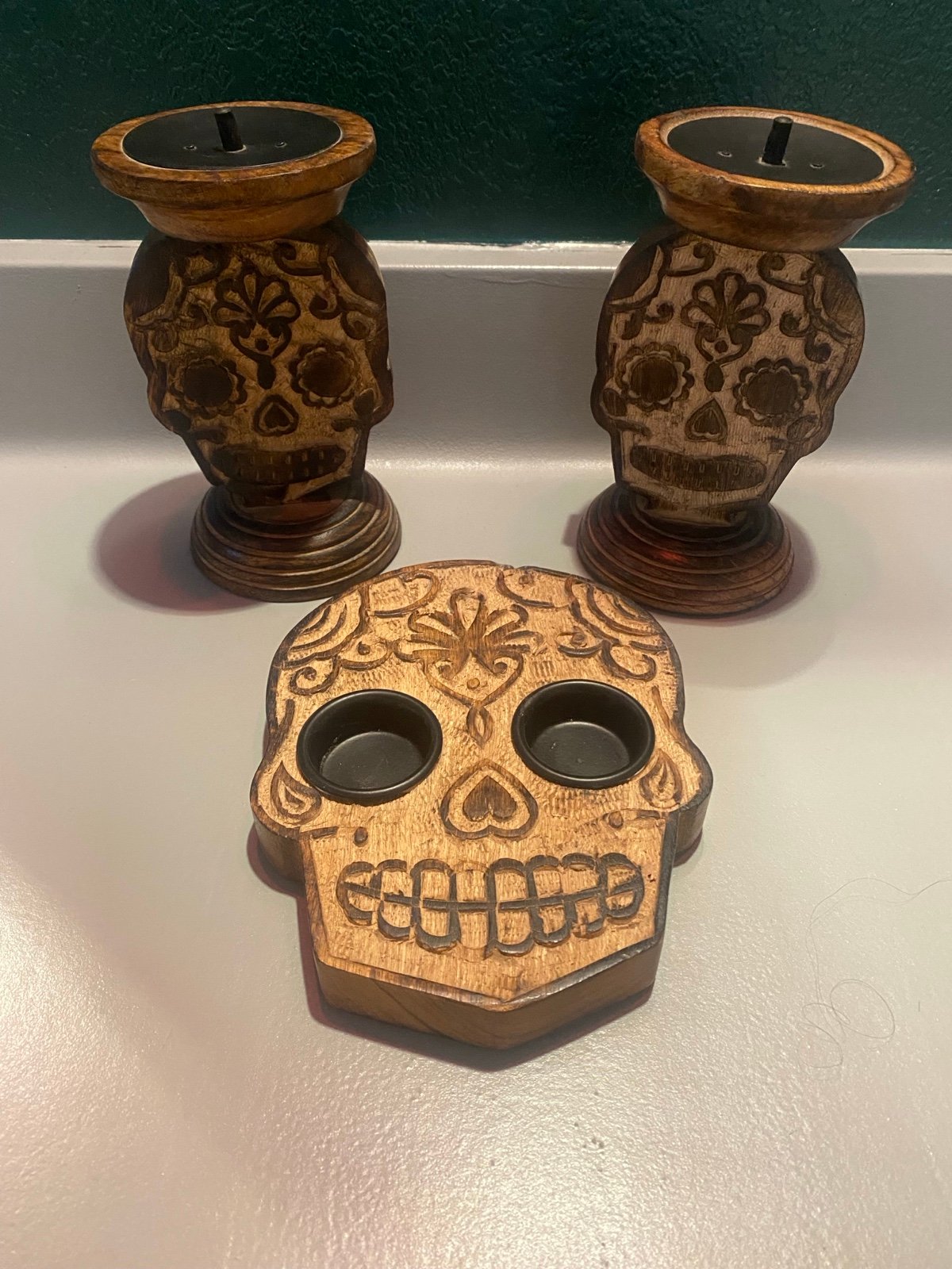 Wood Skull Candle Holders