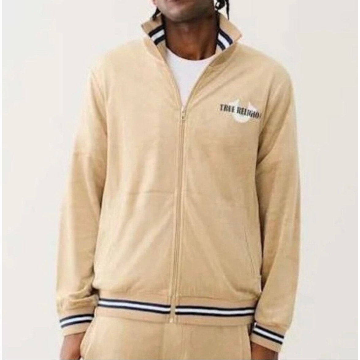 True Religion NWT Velour Tour Track Full Zip Jacket Travertine size Large