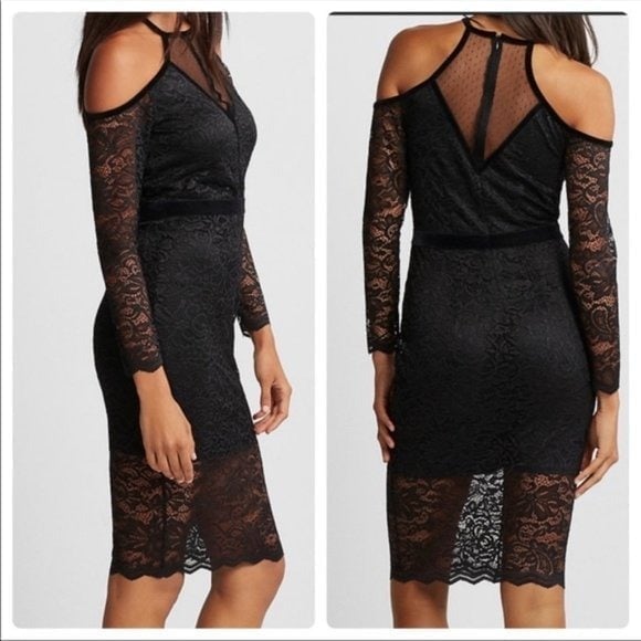 Lace Velvet Piped Cold Shoulder Sheath Size 0