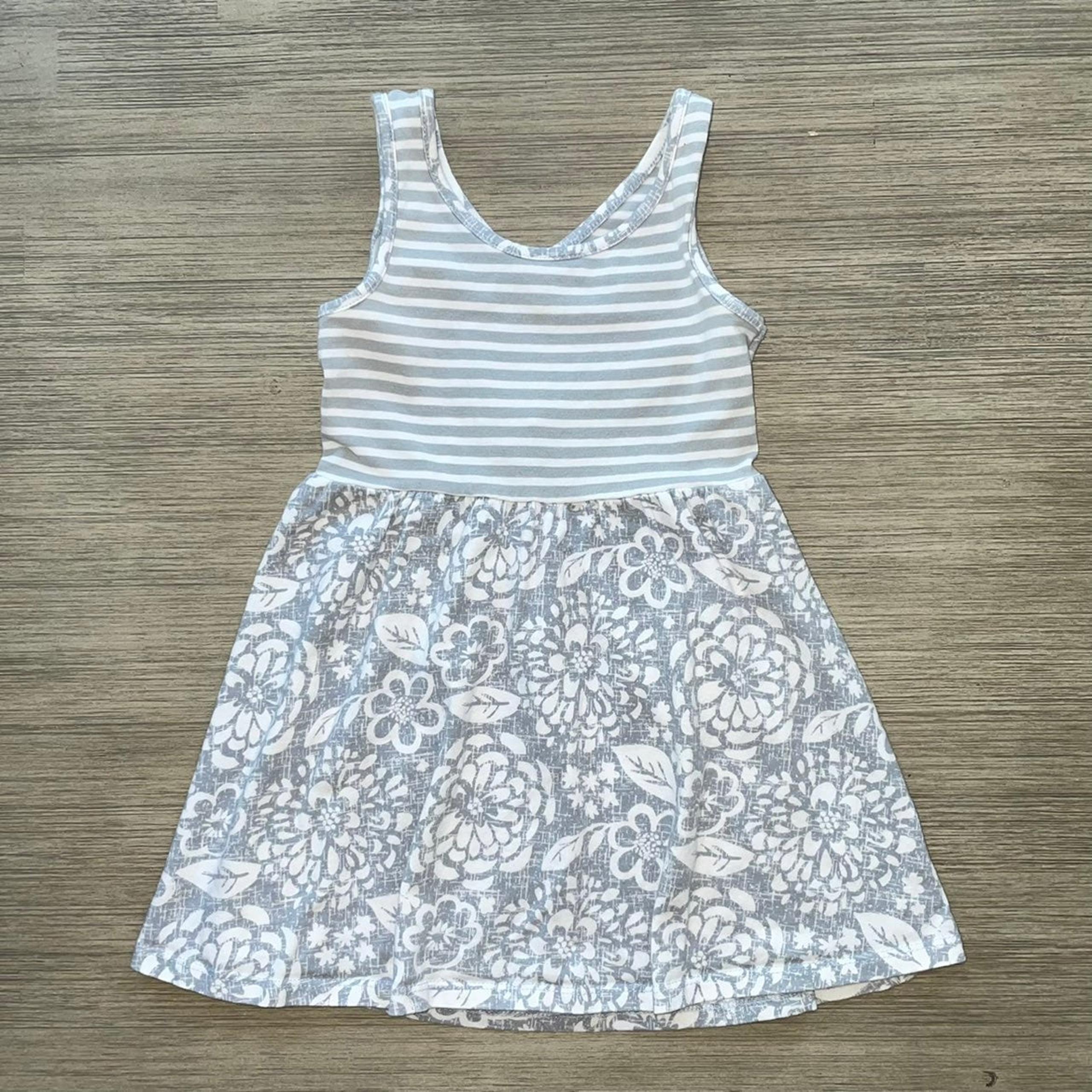 Gray/White Floral & Stripes Dress Toddler Girl