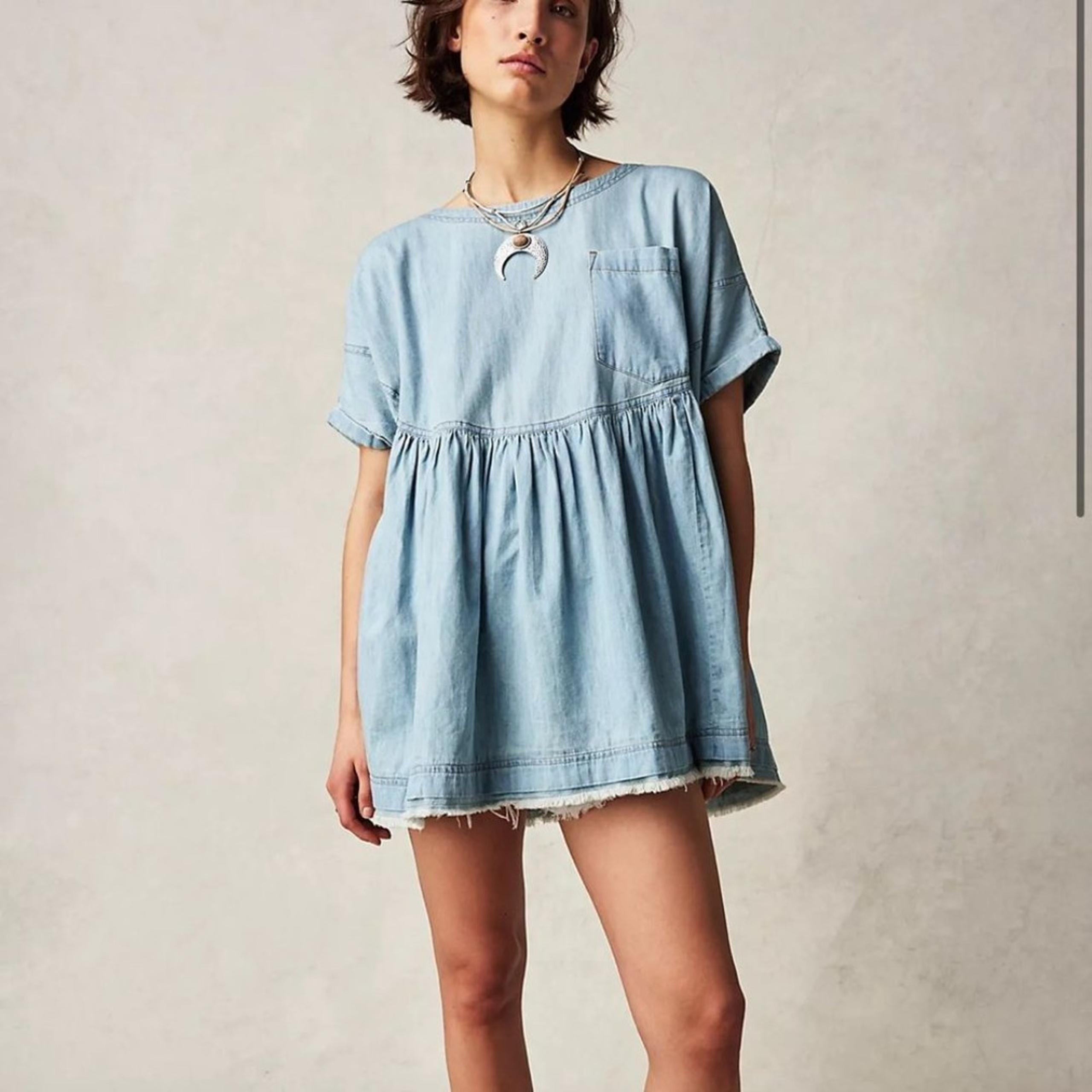 We The Free People Moon City Denim Tunic Top Size XS Oversized Boho Grunge