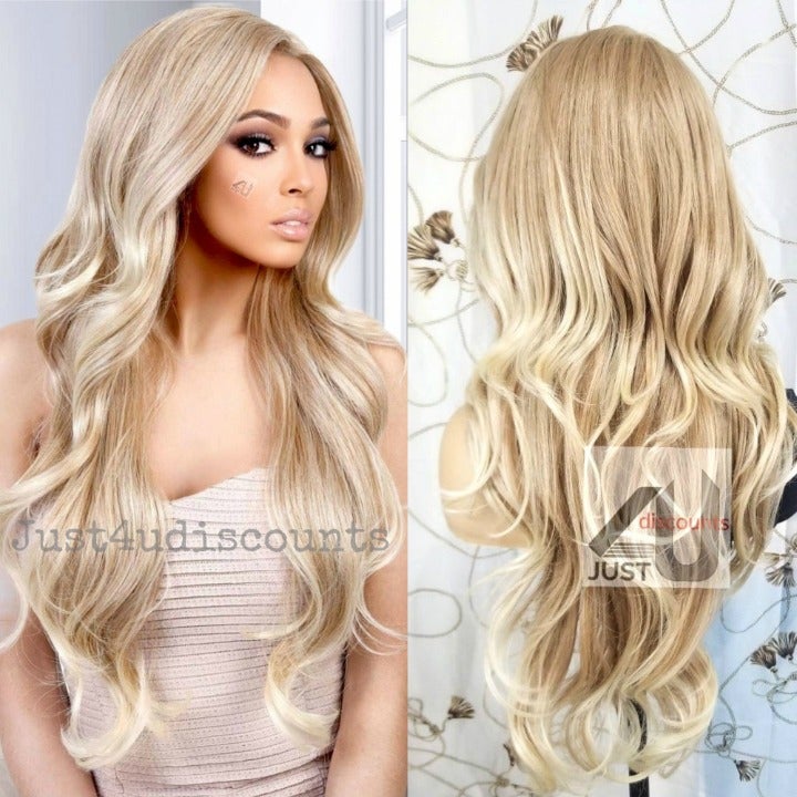 Wavy double blonde gold highlight wig