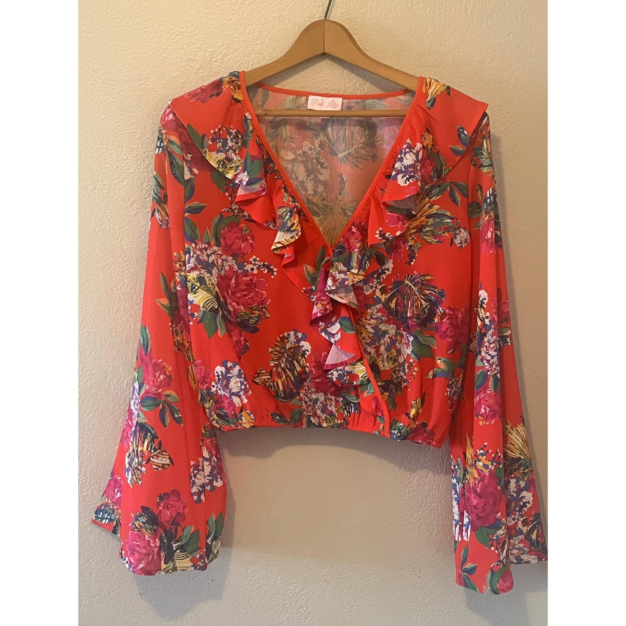Womens Pink Lily Floral Crop Summer Spring Top Shirt Bell Sleeves Ruffles Sz Med