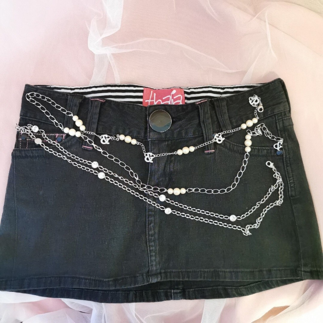 Glamorous Jane Gray Gyaru Denim Miniskirt + Bling Waist Chain Size Small Y2K