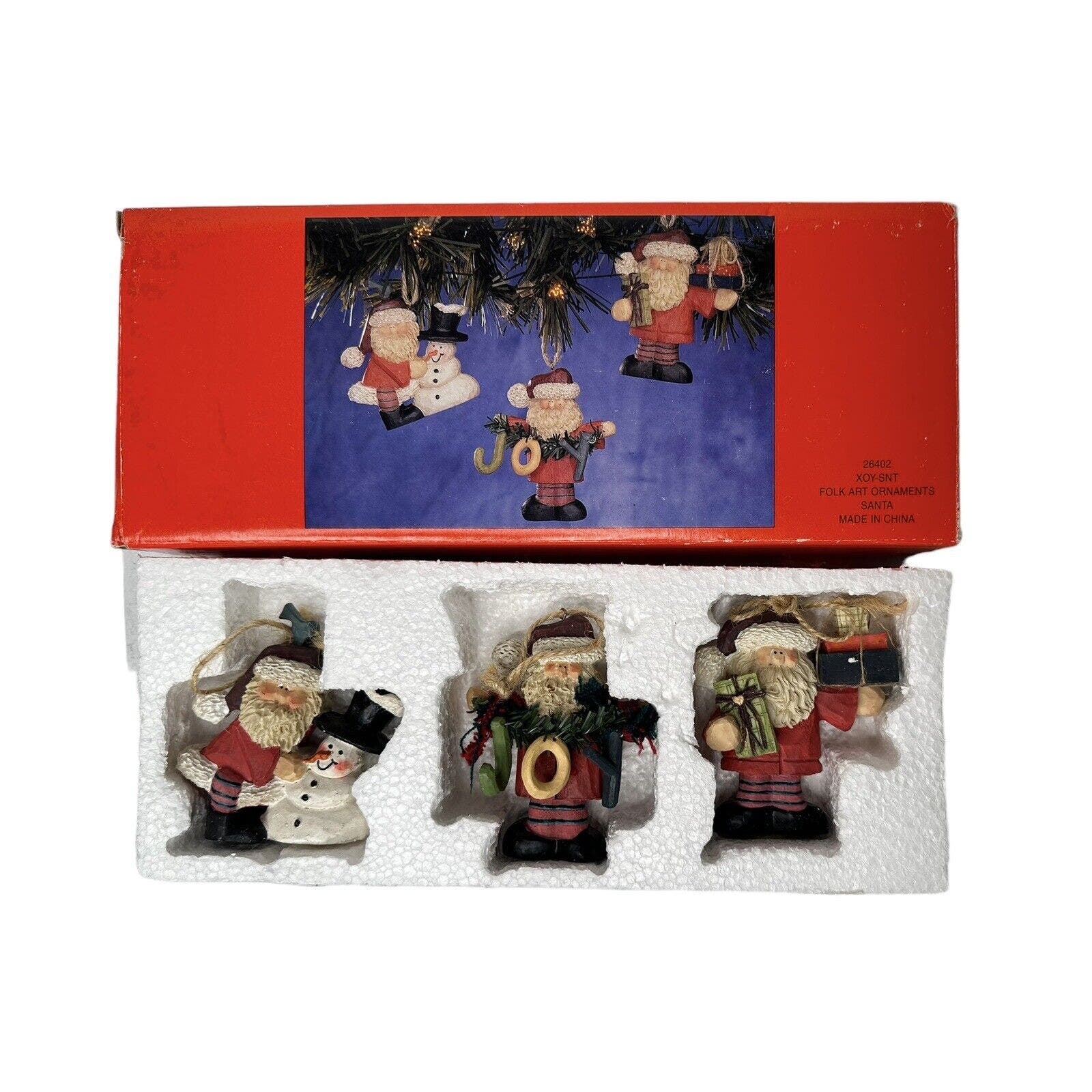 NEW Folk Art Set of 3 Primitive Santa Christmas Tree Ornaments 4 in Box