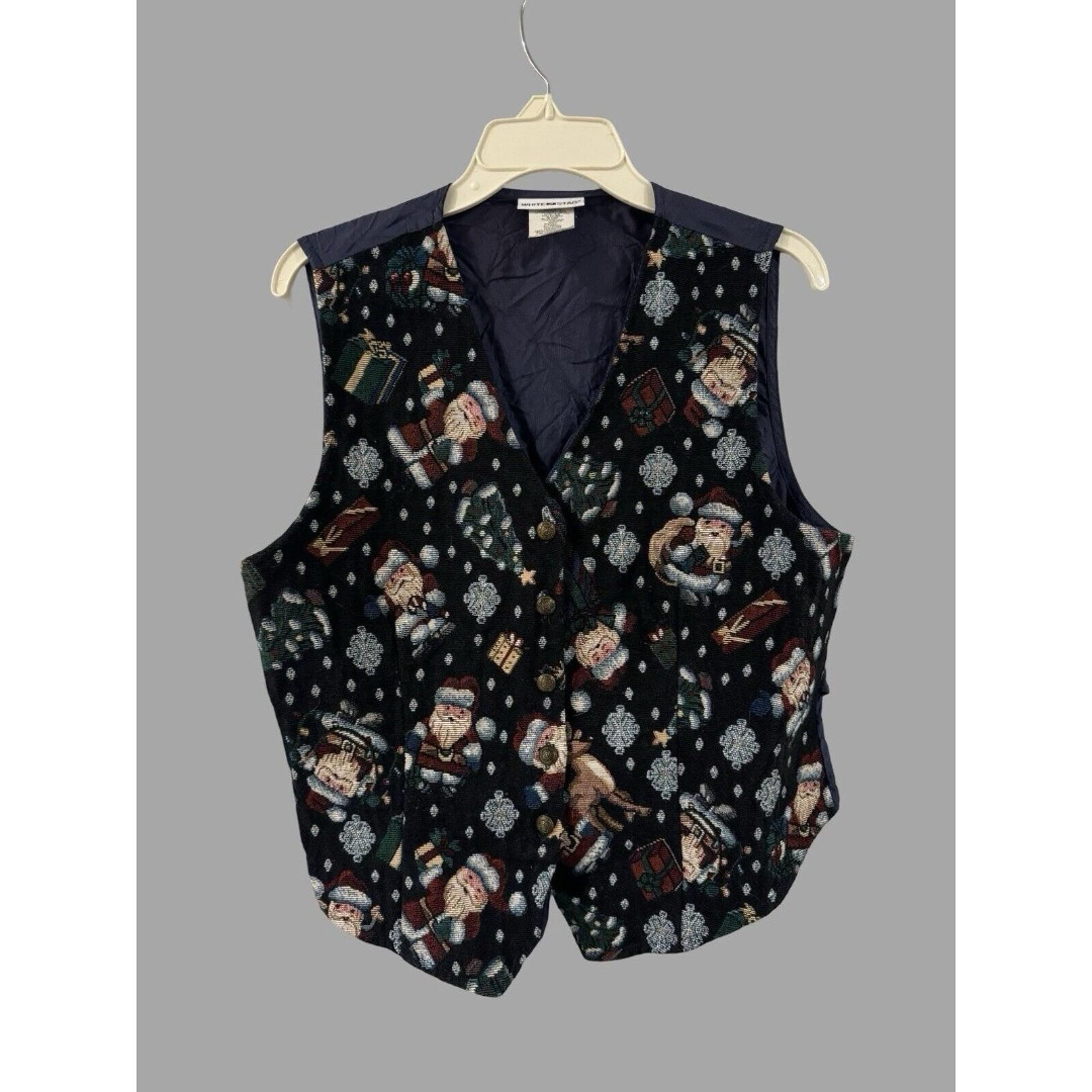 White Stag Christmas Tree Santa Snowflake Tapestry Vest Womens Large Button Up