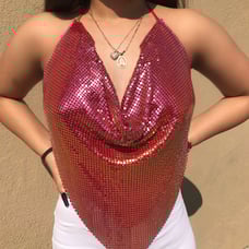 Red metallic backless halter top
