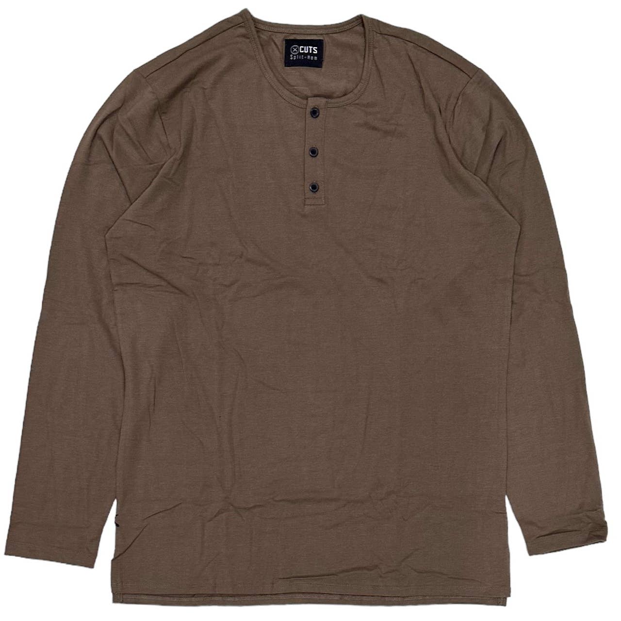 Cuts Clothing Men's Split Hem Henley Long Sleeve Tee T-Shirt - Brown