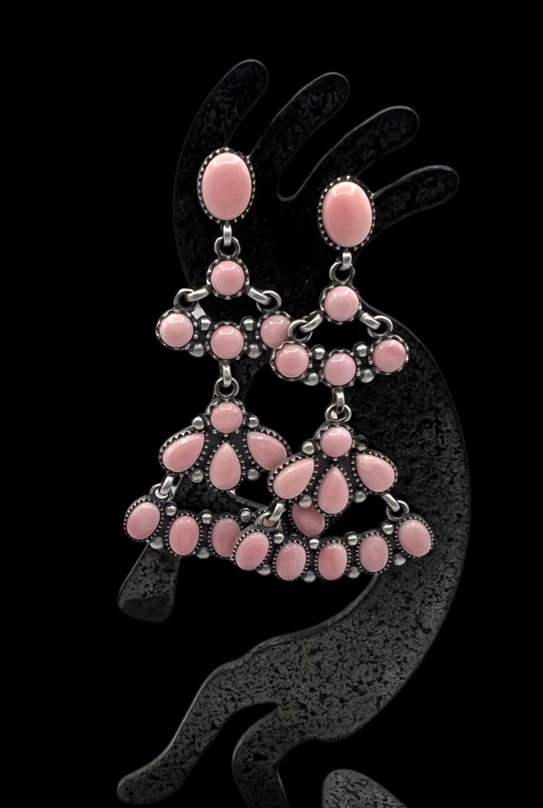 Signed Navajo Sterling Silver Pink Conch Shell Chandelier Dangle Earrings