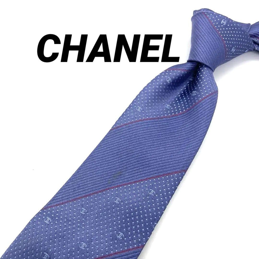 Chanel Silk Tie Logo Coco Mark Blue Striped Chain
