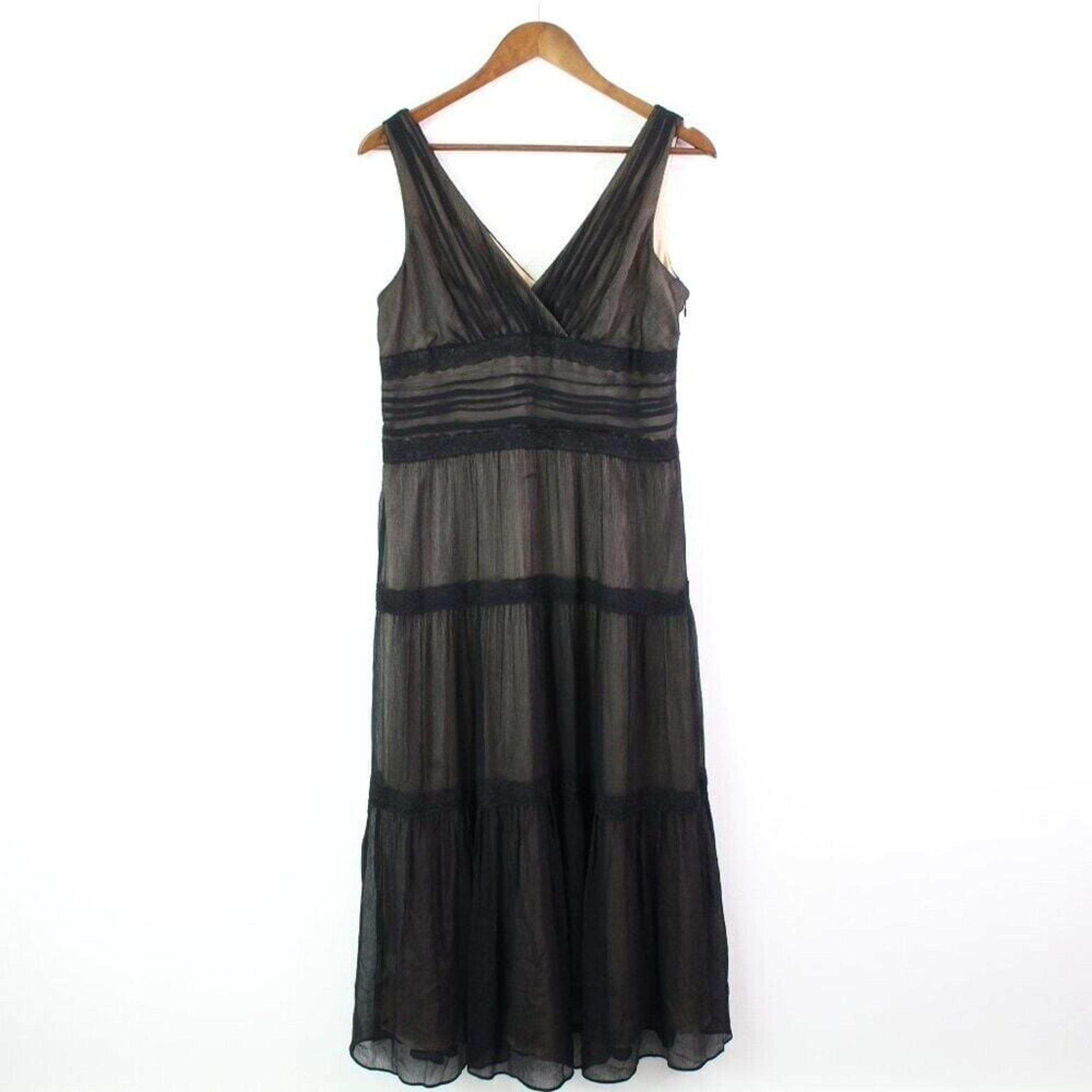 Anne Klein Silk V-Neck Tiered Midi Dress Black Size 10
