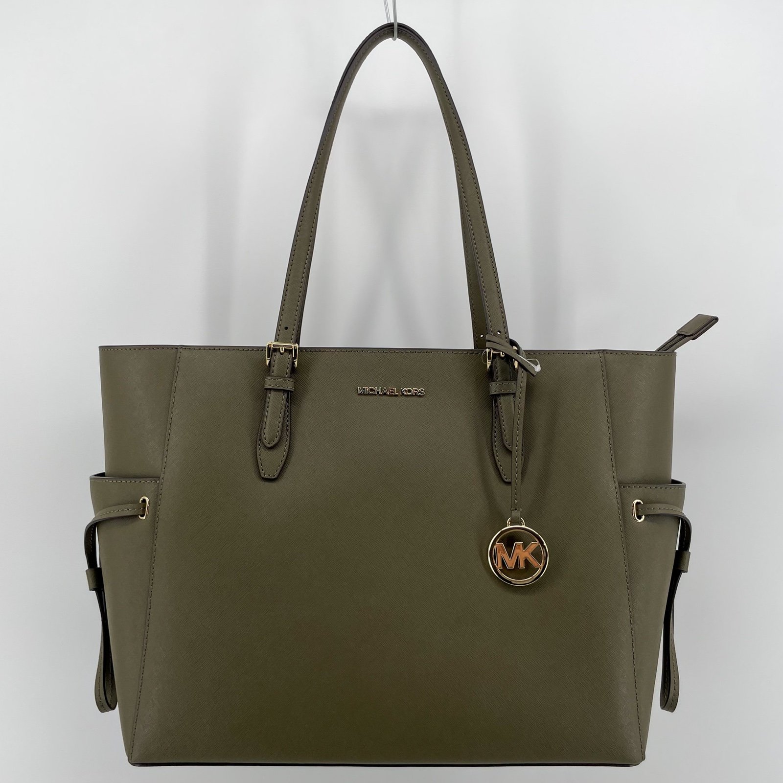 Michael Kors Gilly Large Drawstring Travel Tote Olive Green Leather New