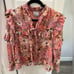 Koko + Mason floral pink shimmer ruffle blouse Medium long sleeve bow tie