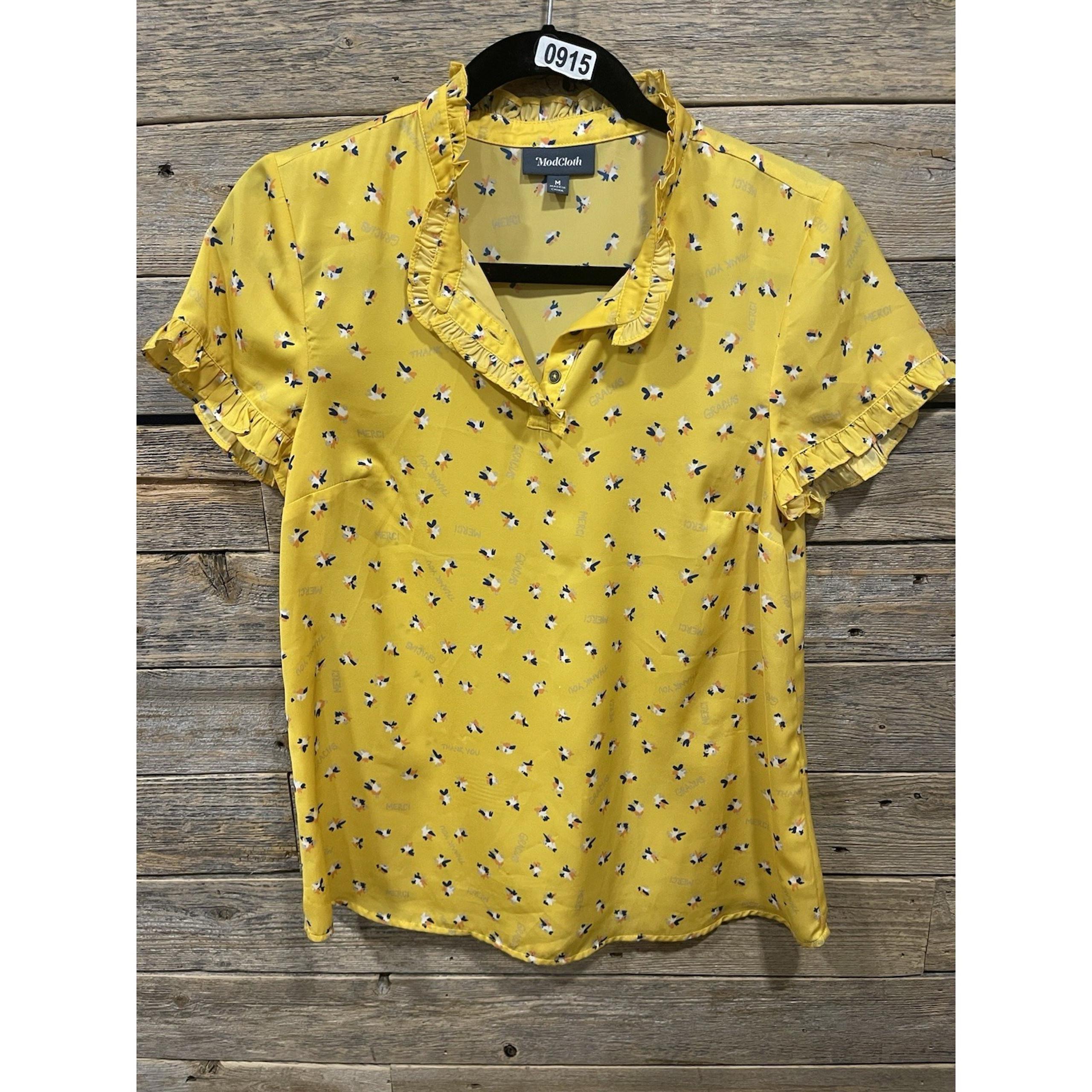 ModCloth Women's Yellow & Navy Blouse Ruffle Sleeve Thank You Floral Pattern