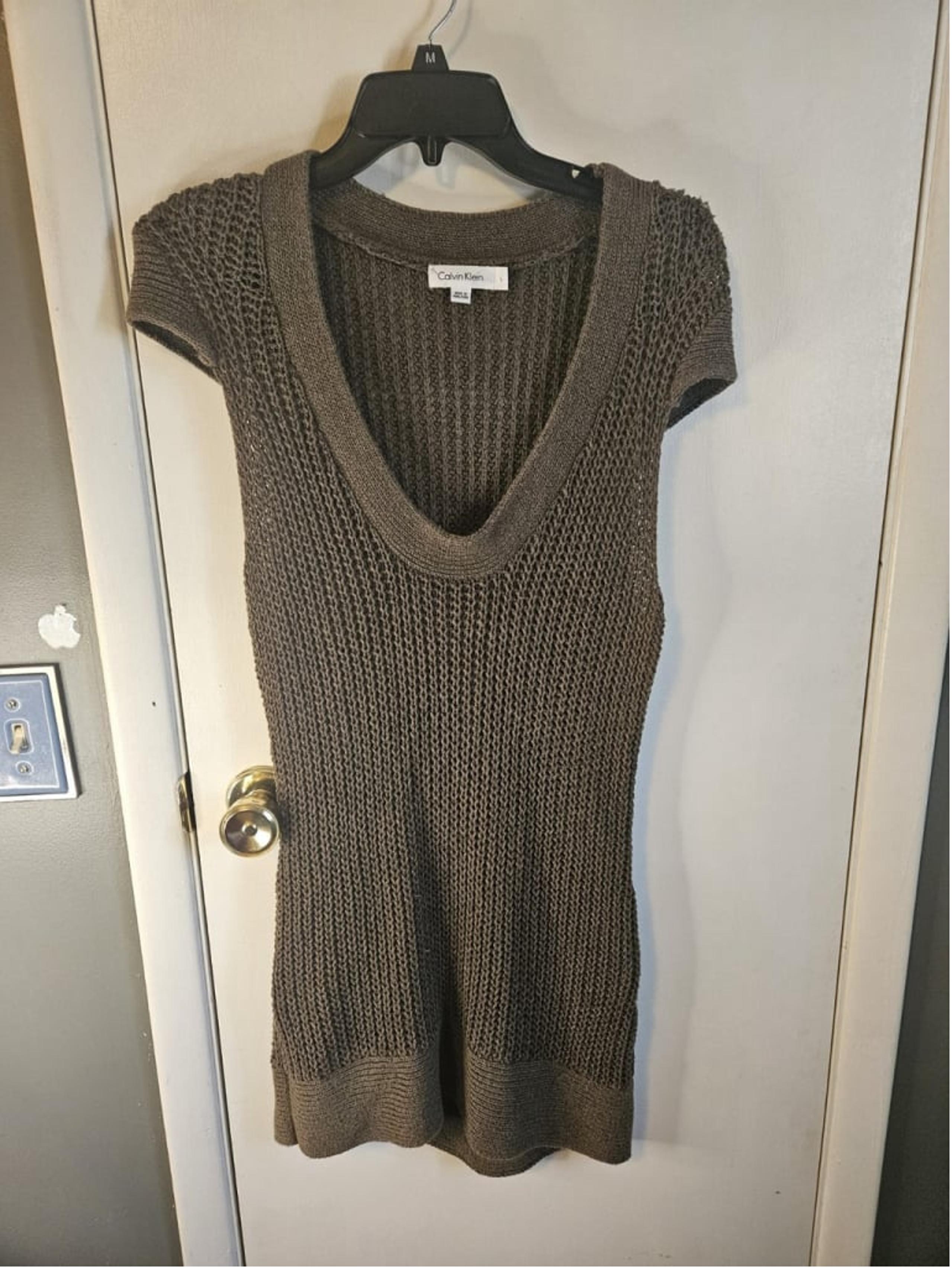 Calvin Klein Mini Dress Size Large Crochet Linen Blend Cap Sleeve Brown