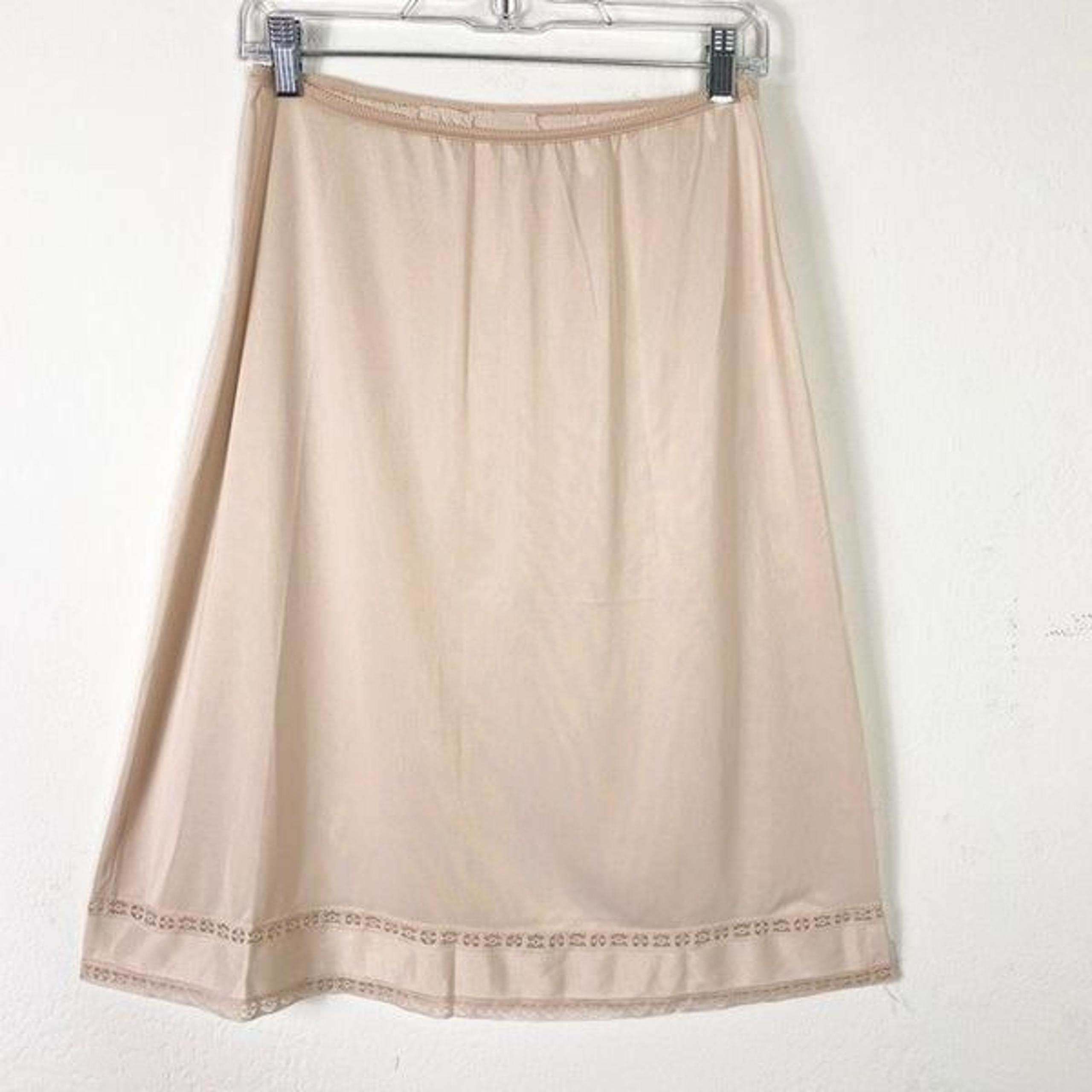 Vintage Gossard Tan Beige Lace Trim A Line Midi Slip Skirt Size M